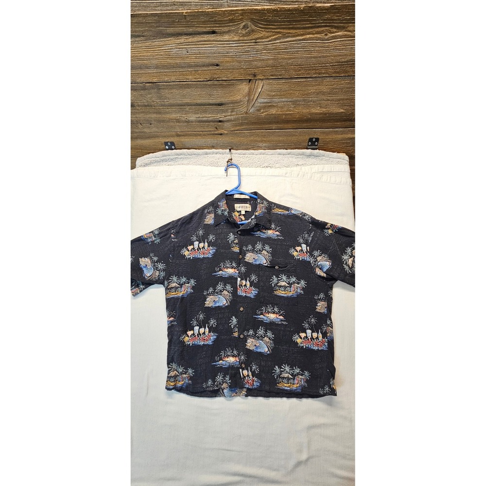 Campia Moda Mens Medium Black Tropical Island Rayon Short Sleeve Button Down